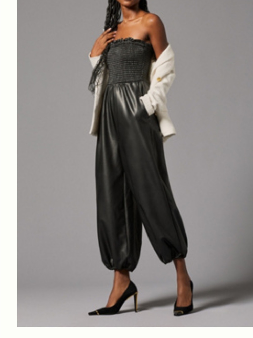 Anthropologie Black Strapless Faux-Leather Smocked Jumpsuit Sz. 1X